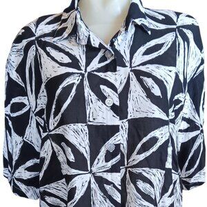 Large Women's Hawaiian Shirt Vintage Traffic Jam Black White Geometric Rayon 90s